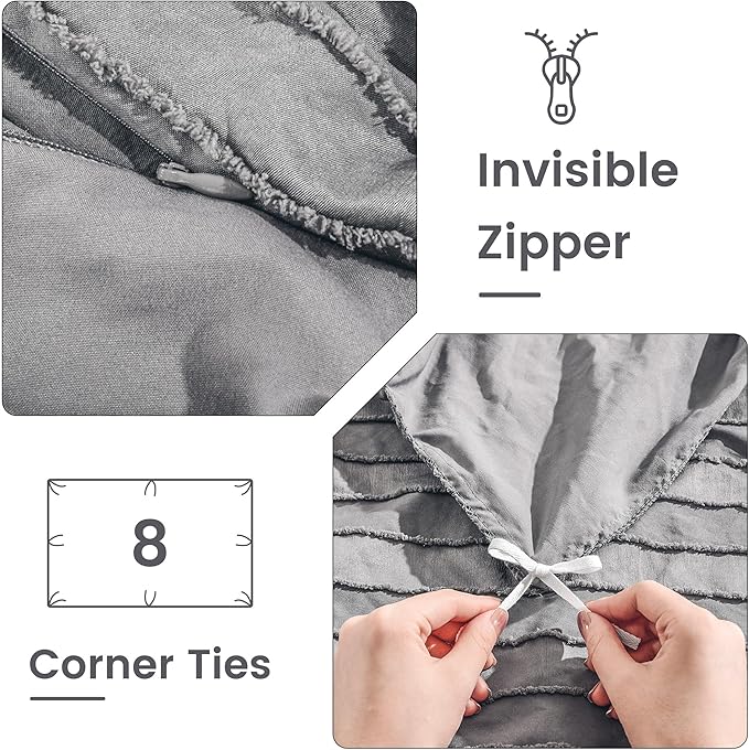 NEXHOME PRO Duvet Cover Full Size, Grey 3 Pieces Boho Tufted Duvet Cover Set, Soft and Lightweight Microfiber Comforter Cover Set for All Season (Grey Full, 80 x 90)-No Comforter