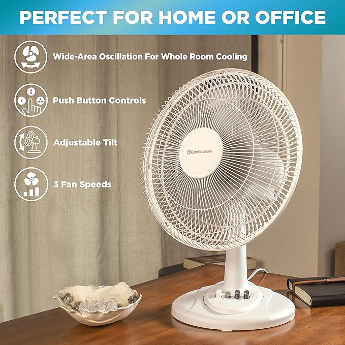 Comfort Zone 12 inch Table Fan with Adjustable Tilt, Wide Area Oscillation, Quiet Air Circulator Fan For Bedroom, 3 Speed Desktop Fan for Home Office, Push Button Controls, White