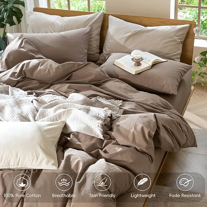 MooMee Bedding Duvet Cover Set 100% Washed Cotton Linen Like Textured Breathable Durable Soft Comfy (Solid Brown, Twin 68"x90")
