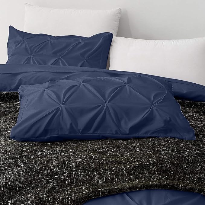 Pinch Pleated Duvet Cover Set 100% Cotton 3PC Queen Size 90x90 Duvet Cover Set, Decorative Pinch Design Navy Blue Duvet Cover with Matching Pillow Case