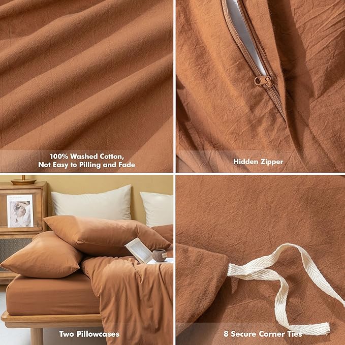 FOSSA Duvet Cover Set 100% Washed Cotton Linen Feel Super Soft Breathable Cozy Simple Style 3 Pieces Bedding Sets Solid Dark Orange Super Queen