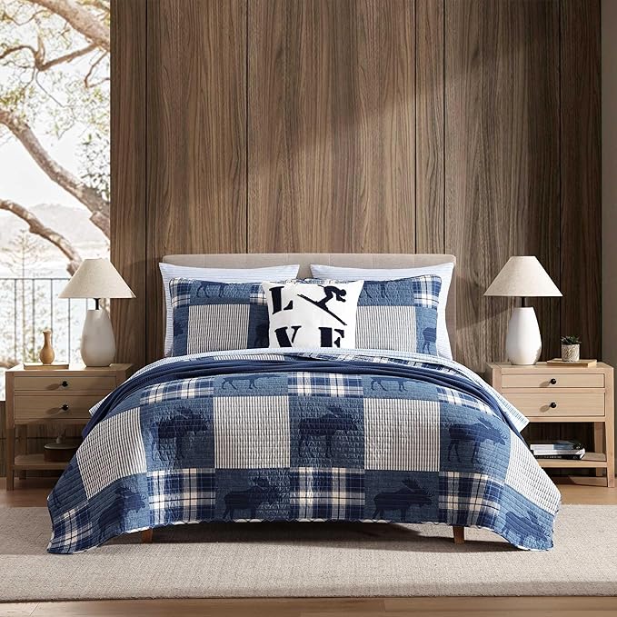 Eddie Bauer - King Quilt Set, Naturally Soft Cotton Bedding w/a Lightweight Feel for All-Year Comfort, Reversible w/Matching Pillowcases, 3 Piece Bed Set (Moose Plaid/Pinstripe/Patchwork Blue)