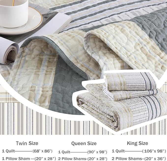 Homzard Quilt King Size - Cotton King Size Comforter,Beige Grey Plaid Bedding Set,Striped Bedspread Set(106 * 98 Inches),3 Piece