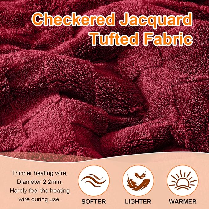 Electric Heated Blanket Full Size - Jacquard Checkered Sherpa 72"x84" Fast Heating Bed Blankets with 6 Heating Levels & 10 Hours Auto Off, Over-Heat Protection ETL, Red