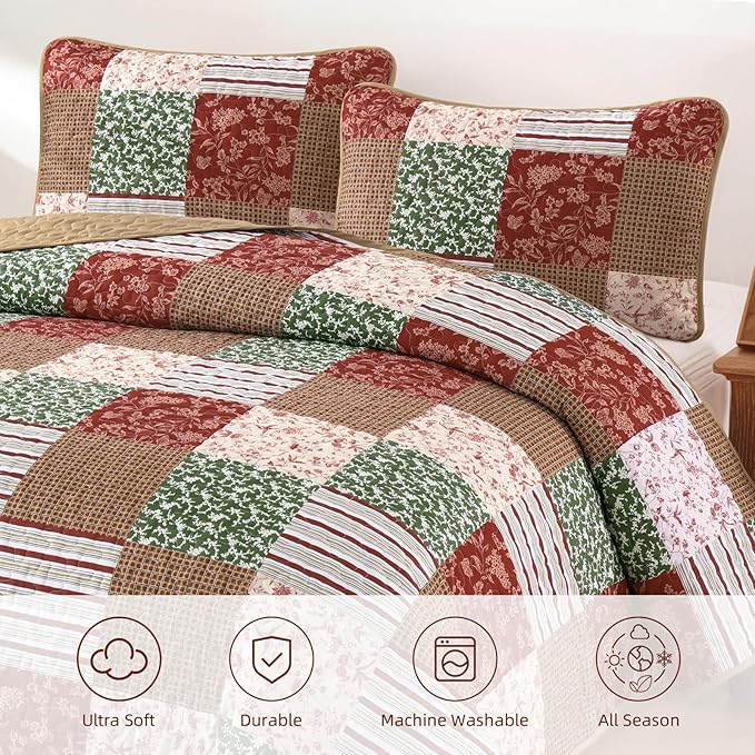 Mybedsoul Christmas Quilt Set Queen Size, 3 Pieces Red Green Floral Plaid Bedspread Coverlet Set, Reversible Soft Microfiber Bedding Set for All Season, Fall Winter Queen Christmas 90"x96"