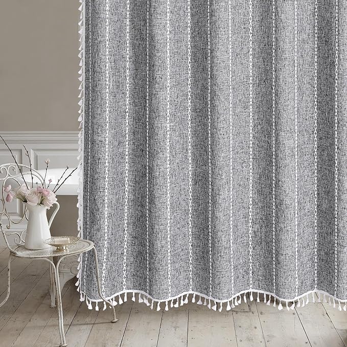 MitoVilla Dark Grey Farmhouse Shower Curtain Set 72 x 78, Boho 78 inch Long Polyester Linen Tassel Fabric Shower Curtain Set for Chic Cottagecore French Rustic Bathroom Decor, Charcoal Grey