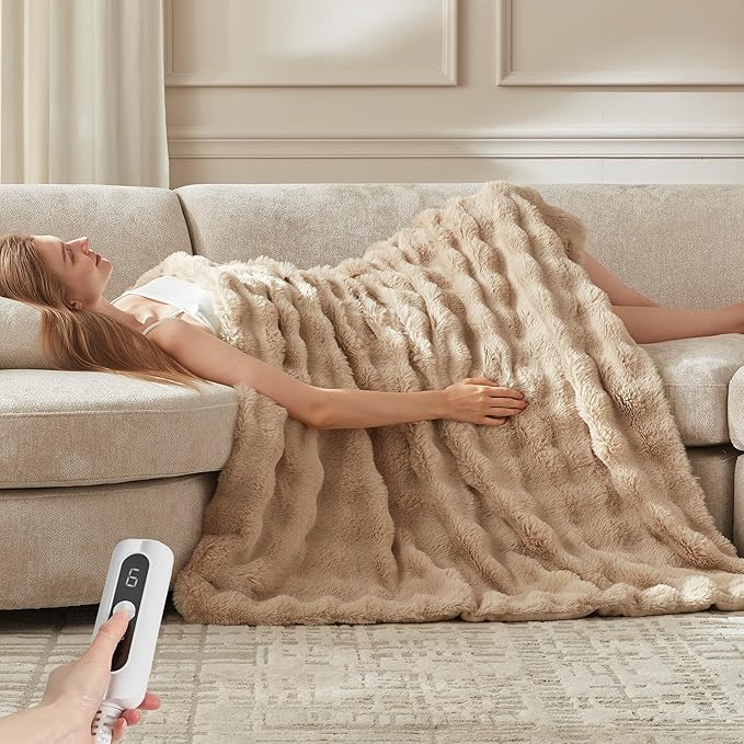 Heated Throw Blanket - Plush Thick Bubble Faux Fur Heated Blanket, Fast Heating Electric Blanket 6 Heating Levels & 4 Hours Auto-Off, Machine Washable, 50"x60", Oatmeal