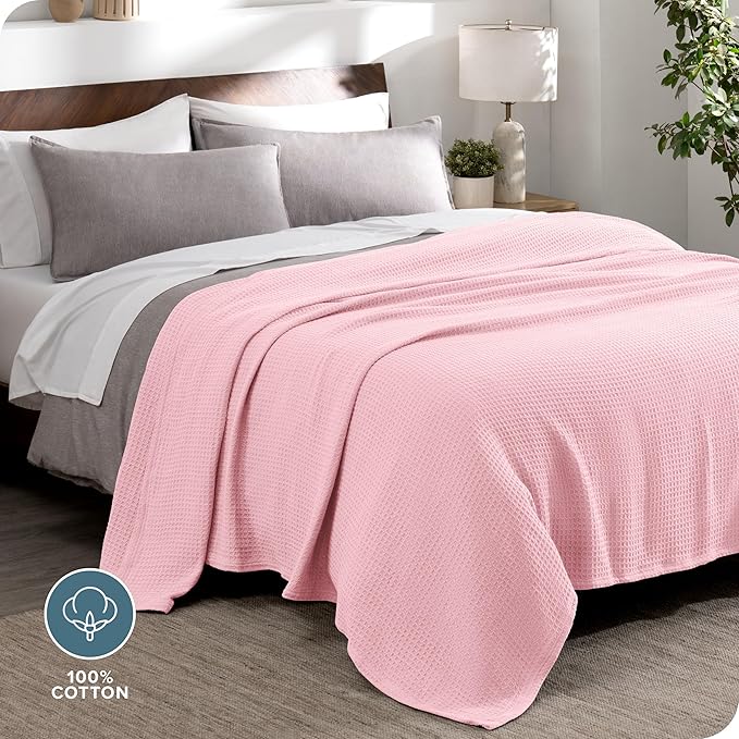 Bare Home Light Pink Waffle Blanket, Extra Long - 66Wx90L, 100% Cotton, Soft & Breathable Blanket for All Seasons, Lightweight, Perfect for Layering Bed, Sofa & Couch (Twin/Twin XL, Light Pink)