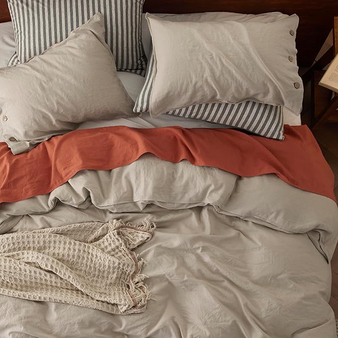 Bedsure Linen Duvet Cover King Size - Linen Cotton Blend Bedding Set, Soft & Cozy, 3 Pieces, 1 Duvet Cover 104x90 Inches and 2 Pillowcases, Natural Color Cooling Bedding, Comforter Sold Separately