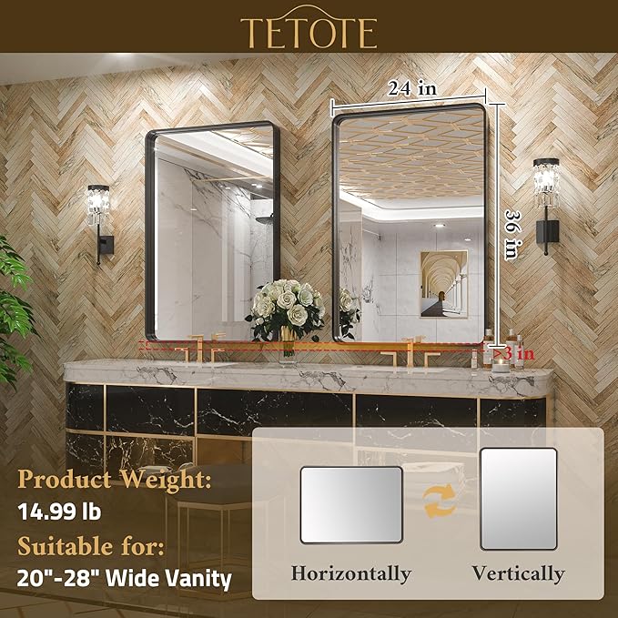 TETOTE Brushed Gold Bathroom Mirror, 24 x 36 Inch Metal Framed Mirror, Brushed Brass Rectangle Wall Mounted Golden Vanity Mirror (Horizontal/Vertical)