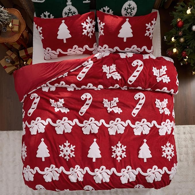 Bedsure Fluffy Christmas Duvet Cover Set - Winter Warm 3 Pieces King Size Ultra Soft Plush Shaggy Bedding Set with Bell Candy Sticks Patten,Red