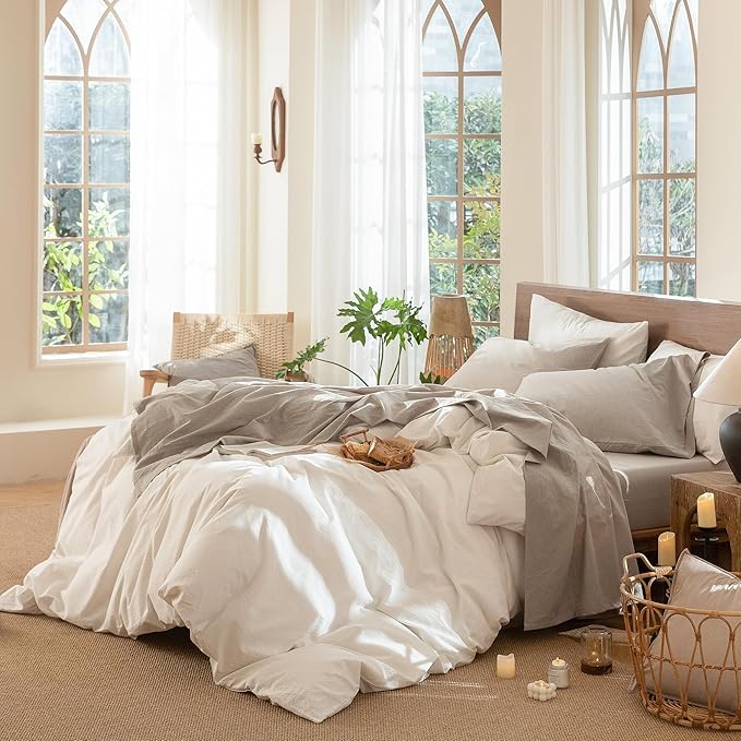 MooMee Bedding Sheet Set 100% Washed Cotton Linen Like Textured Breathable Durable Soft Comfy (Heathered Tannish Linen Grey, California King)
