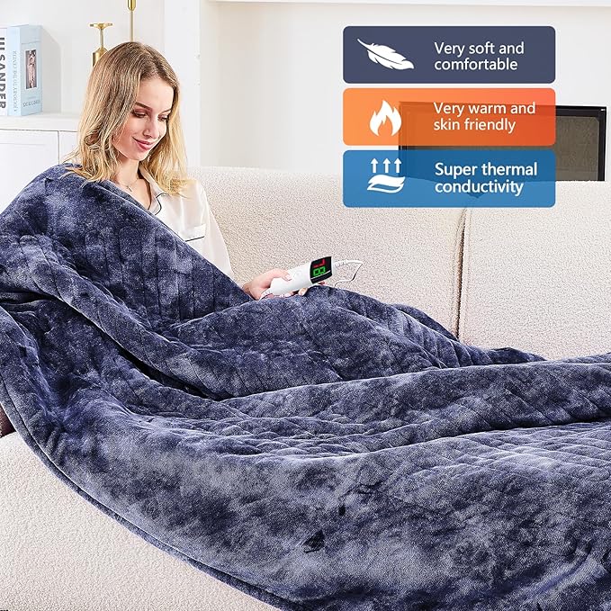 greenoak Heated Electric Blanket Throw, Faux Fur Sherpa Heating Blanket for Sofa Bed, Warm Winter Gifts for Dad/Grandma, Heater Lap Blankets 5-Position Timer &10 Heating Levels 62''*84" Cobalt