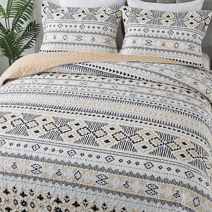 BEDIFANY Boho Quilt Bedding Set, 3 Pieces Stripe Queen Bedspread Lightweight Boho Queen Quilt, All-Season Bed Spread Coverlet Set for Bed Decoration