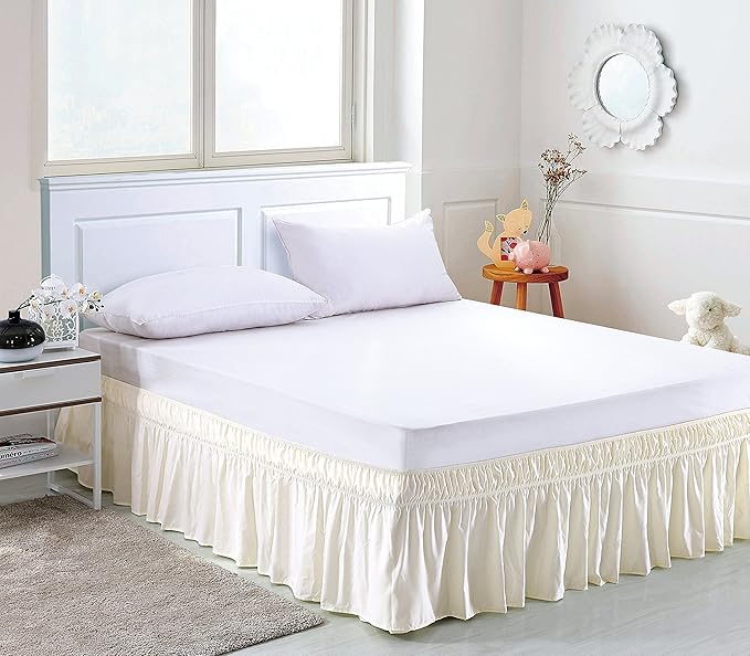 MEILA Wrap Around Bed Skirt Three Fabric Sides Elastic Dust Ruffled 18 Inch Tailored Drop,Easy to Install Fade Resistant-Ivory, Twin/Full