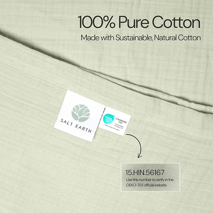 Salt Earth 100% Cotton Muslin Blanket, Gauze Blanket 80"X90" Queen, 4 Layered for Couch, Bed, Living Room, Lightweight & All Seasons Blankets & Throws, Easy to wash,Nature & Skin Friendly (Sea Foam)