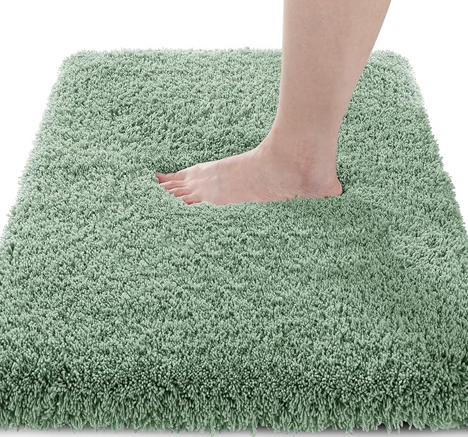 Yimobra Fluffy Plush Bath Rug, Super Shaggy Soft Comfortable Non Slip, Water Absorbent Microfiber Bath Mat, Dries Quickly, Machine Washable Thick Bathroom Rugs for Shower, 44"x 24", Pure Light Green