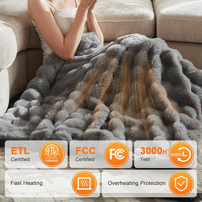 Heated Throw Blanket - Plush Thick Bubble Faux Fur Heated Blanket, Fast Heating Electric Blanket 6 Heating Levels & 4 Hours Auto-Off, Machine Washable, 50"x60", London Grey