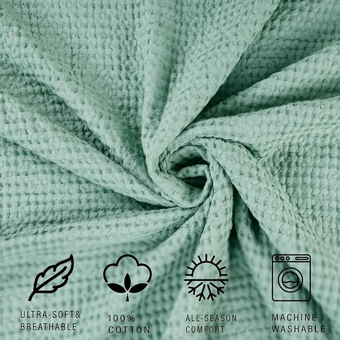 HILLFAIR 100% Combed Cotton Blanket– Queen Size Bed Blanket– Warm Soft All Season Breathable Lightweight Summer Blankets– Waffle Weave Home Decor Bed Blanket- Sage Queen Bed Cotton Blankets/Bedcover