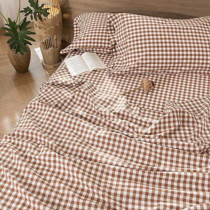 MooMee Gingham Sheet Set 100% Washed Cotton Linen Like Textured Breathable Soft w/Fully Elasticized 16-19" Deep Pocket (Classic Gingham Dark Orange, King)