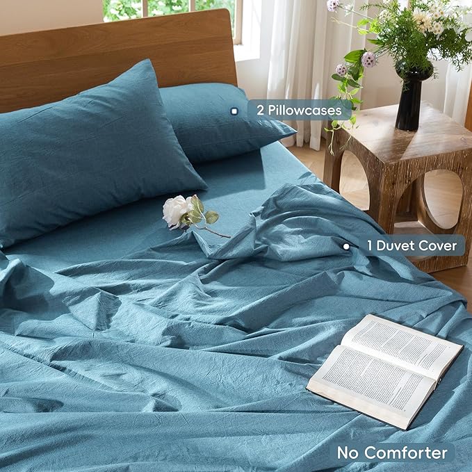 MooMee Bedding Duvet Cover Set 100% Washed Cotton Linen Like Textured Breathable Durable Soft Comfy (Heathered Peacock Blue, Palatial King/Oversized King 120"x98")