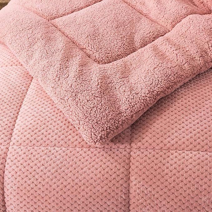 KASENTEX Super Ultra Sof Luxury Plush Sherpa Comforter, Cozy Reversible Fleece - Goose Down Alternative, Machine Washable Bedding, Sunset Rose Pink, Twin/Twin XL Size