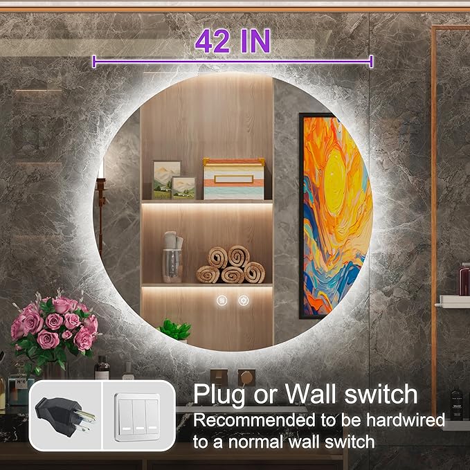 42-inch Round LED Bathroom Mirror with Light, 3 Color Temperatures (3000K/4500K/6000K), Dimmable Backlit, Anti-Fog, 5MM HD Glass, CRI 90+, Memory, Frameless