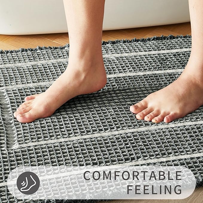 Bath Boho Floor Mat,Waffle Bath Rug,Super Absorbent Bathroom Mat,Bath Rugs Non Slip Washable, Quick Dry Shower Mats, Ultra Soft Bath Mat Towel,Bluish Grey & Yellow,18"*30"