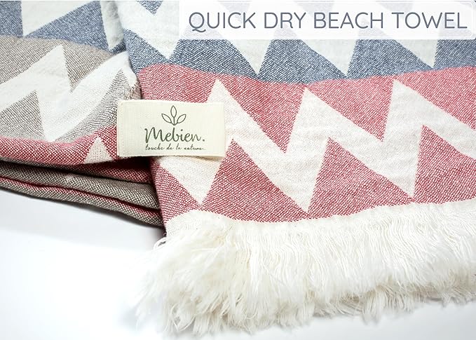 Turkish Beach Towel 35”x67” – 100% Cotton, Quick Dry, Lightweight Oversized Beach Towel for Pool & Travel – Zig Zag Navy Red Color