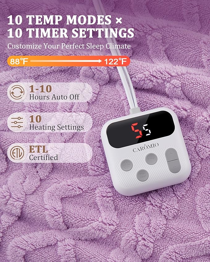 CAROMIO Electric Blanket Twin Size - Thick Tufted Sherpa Heated Blanket Twin with 10 Heating Levels and 10 Time Settings, ETL Certified Machine Washable Fast Heating Blanket Twin 62"×84", Purple