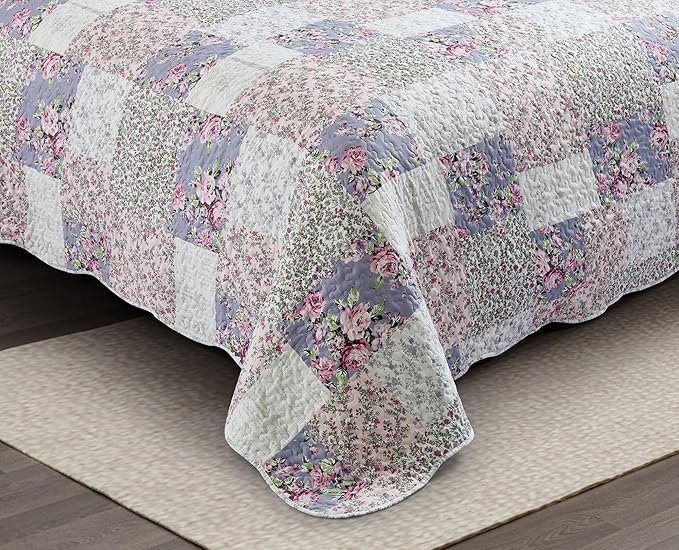 Brilliant Sunshine Roses Toile Quilt Set, 2-Piece Bedding Sets, Traditional Lively Patchwork Design, Washable and Reversible Bedspread, Soft Lightweight Coverlet, All-Season, Twin/Twin XL, Blue Pink