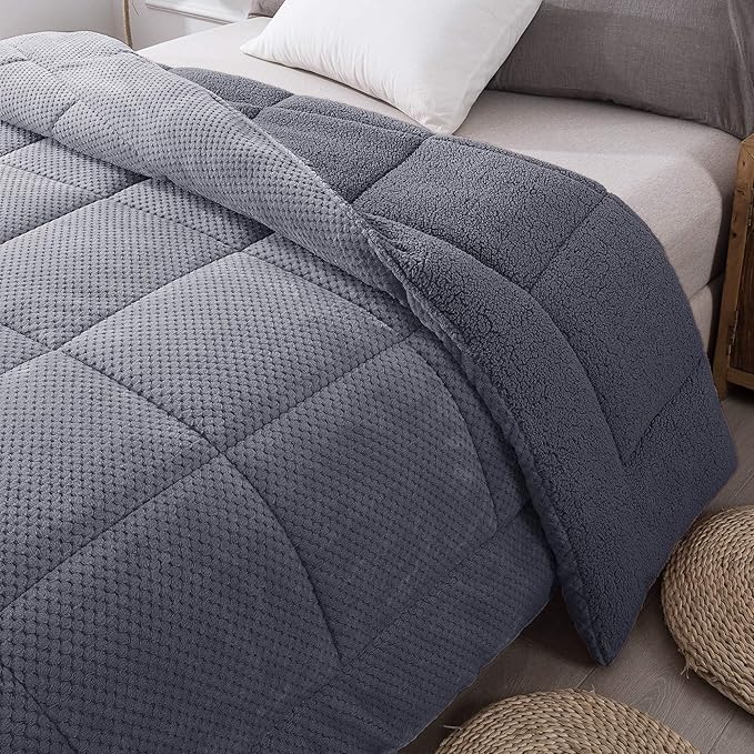 KASENTEX Super Ultra Soft Luxury Plush Sherpa Comforter, Cozy Reversible Fleece - Goose Down Alternative Fill, Machine Washable Bedding, Excalibur Grey, Twin/Twin XL Size