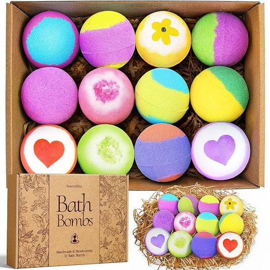 Christmas Bath Bombs, 12 Pack Handmade Bubble Shower Bombs Set, Shea Butter & Individually Wrapped, Present Idea for Her/Him, Wife, Mom Women