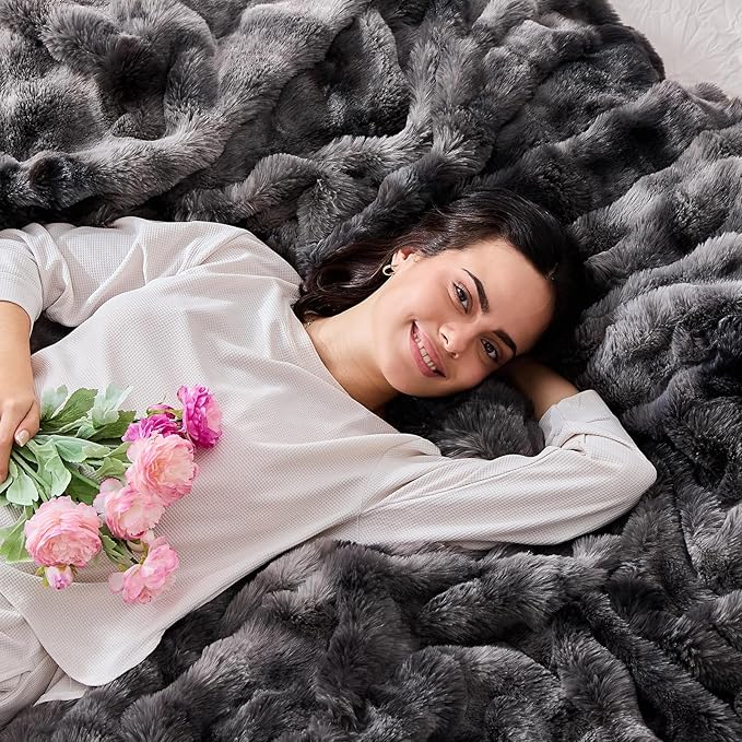 Fluffy Faux Rabbit Fur Throw Blanket - Soft, Luxury, Cozy Thick Warm Decorative Bubble Blanket for Bed, Sofa (Throw Size 50''x60'', Tie-Dyed Dark Grey)