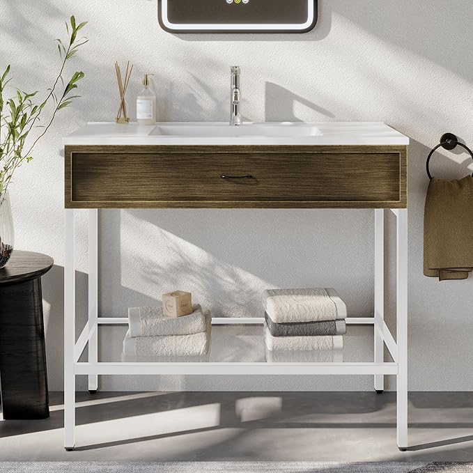 36 Inches Bathroom Vanity with Resin Sink, Single Sink Modern Cabinet Set, Stainless Steel Frame with Tempered Glass Open Shelf, Freestanding Bathroom Storage Cabinet Combo, White