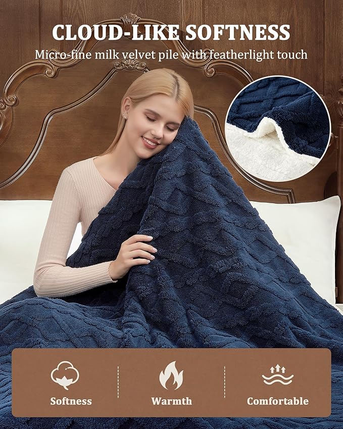 CAROMIO Electric Blanket King Size Dual Control - Thick Tufted Sherpa Heated Blanket King with 10 Heating Levels and 10 Time Settings, ETL Certified Fast Heating Blanket King Size 90"×100", Navy Blue