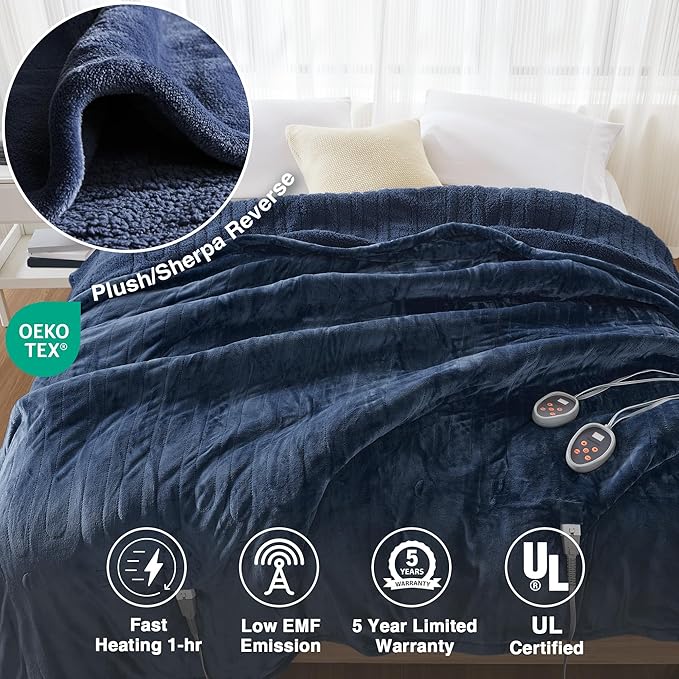 Beautyrest Heated Blanket, Electric Blanket, Soft, Warm, Reversible Plush - Sherpa Heating Blanket with 20 Heat Settings, 1-10 hrs Timer Auto Shut Off, Machine Washable, King (90 inx100 in), Indigo