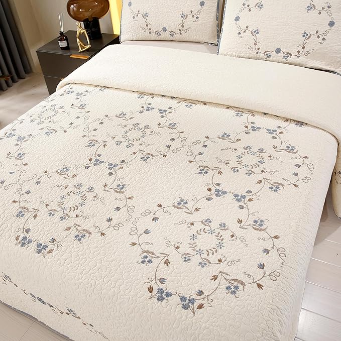 Quilt Set Blue Floral 3D Embroidery Pattern 2 PCS 100% Cotton Reversible Quilted Embroidered Decorative Bedspreads Coverlet Set, Lightweight &Soft Twin Size White Bedding Coverlet for All Season