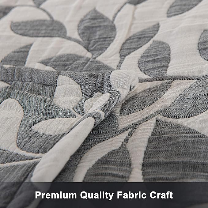 NTBAY 3 Layers Cotton Muslin 68x92 Twin Bed Blanket, Super Soft Breathable Thermal Yarn Dyed Quilt for Adults, Perfect Lightweight Blanket for Couch Sofa Bed All Seasons, Grey Leaf