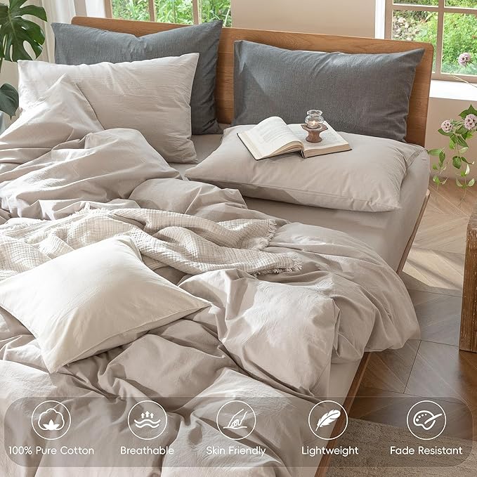 MooMee Bedding Duvet Cover Set 100% Washed Cotton Linen Like Textured Breathable Durable Soft Comfy (Solid Light Tan, Super Queen 90"x98")
