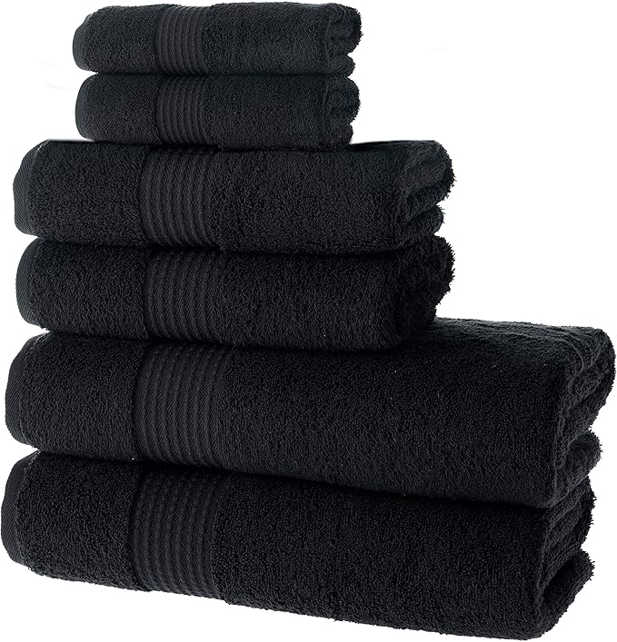 MAURA Basics Bath Towel Sets for Bathroom with Hanging Hook Loops. 2 Bath Towels, 2 Hand Towels, 2 Washcloths, Soft, Durable, Long Lasting and Absorbent Towels Set, Black