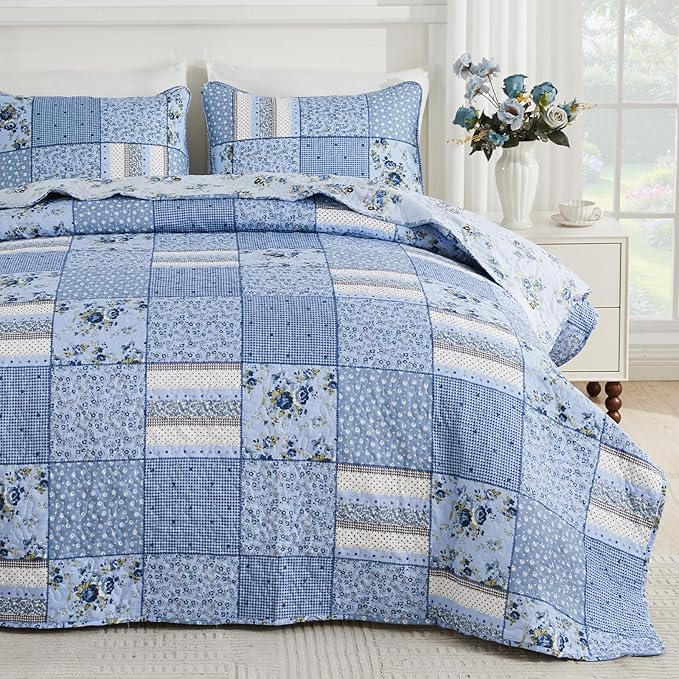 ENJOHOS 128x120 California King Quilt Sets Oversized, 3 Pcs Blue Plaid Floral Cal King Bedspread Coverlet Set for All Seasons, Patchwork Reversible Bedding Set