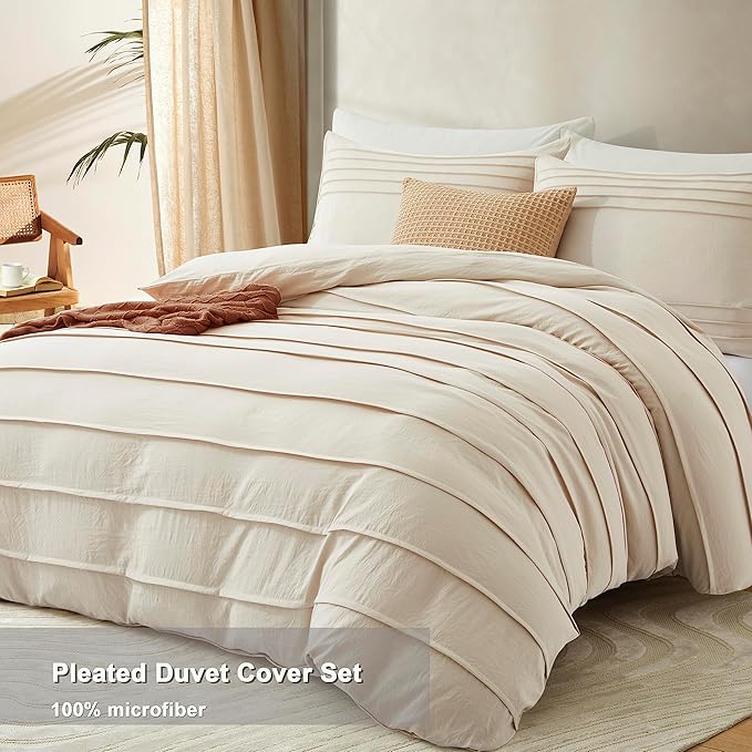 Oli Anderson Light Khaki Duvet Cover King Size - Pleated King Duvet Cover, 3PCS Soft and Breathable Textured Bedding Set with Zipper Closure(Light Khaki,104"x90")