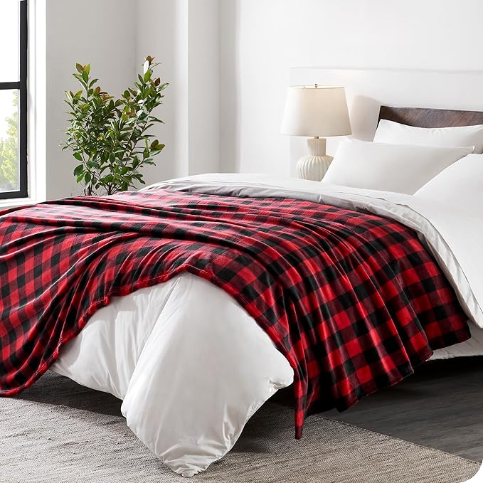 Bare Home Fleece Blanket - King Size - Ultra-Soft Lightweight for Bed, Sofa, and Couch - Luxury Microplush - Cozy Warm Blanket (King, Buffalo Plaid - Red/Black)