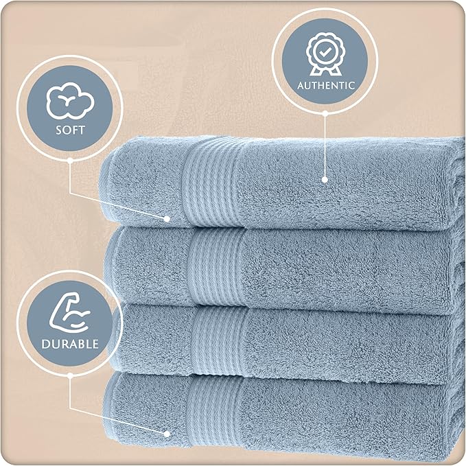 MAURA Basics Performance Bath Towels 100% Turkish Cotton with Hook Loops. Extra Large Luxury Absorbent Plush Towel Sets for Bathroom, Daily Use American Standard Size 27”x54”, Blue Gray