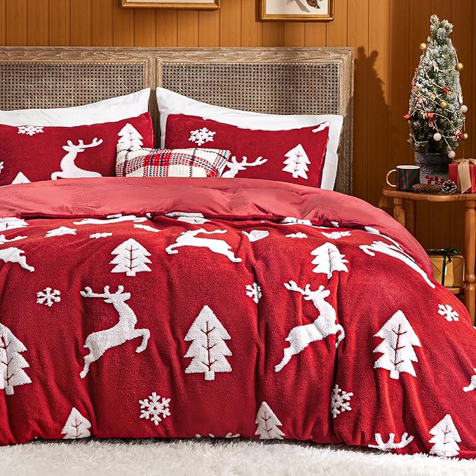 Bedsure Fluffy Christmas Duvet Cover Set - Ultra Soft Plush Shaggy Comforter Cover King Size, Warm Flannel Fleece Bed Sets for Winter, 3 Pieces, Reindeer Pattern, Red