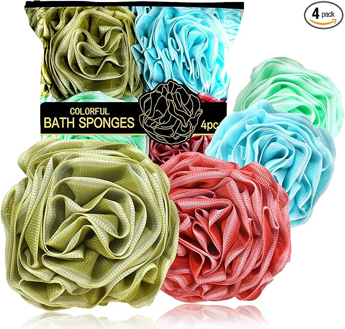 Large Bath Sponge Pouf 70g, 6.3 Inch Exfoliating Shower Loofah, Soft Durable PE Mesh with Reinforced Knotting, Rich Lather Body Wash Scrubber, 4-Pack Elegant Colors Gift Set（C-4Pcak）