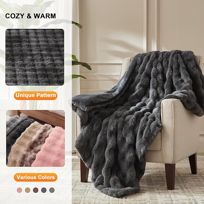 Heated Throw Blanket - Plush Thick Bubble Faux Fur Heated Blanket, Fast Heating Electric Blanket 6 Heating Levels & 4 Hours Auto-Off, Machine Washable, 50"x60", Dark Grey