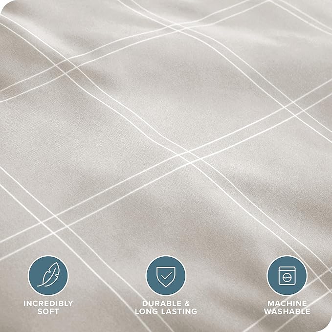 Bare Home Bedding Duvet Cover Full Size - Premium 1800 Super Soft Collection - Lightweight, Duvet Cover - Soft Textured Bedding (Full, Modern Plaid - Stone/White)
