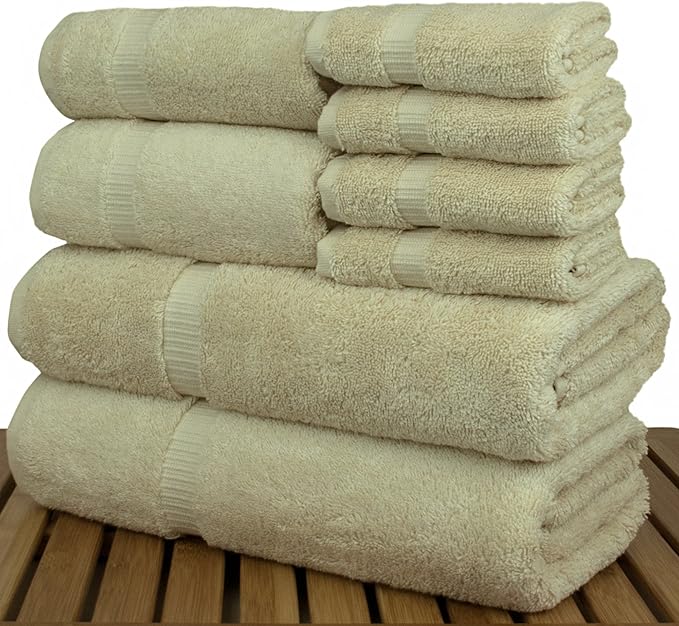 Luxury Hotel & Spa Quality, Highly Absorbent 100% Turkish Cotton, 750+ GSM, Eco Friendly Towel, Bathroom and Kitchen Dobby Border Towels, 2 Bath Towel, 2 Hand Towel, 4 Washcloths (8 Piece, Beige)